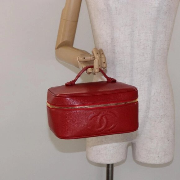 CHANEL Vanity COCO Mark Cosmetic Pouch Grained Calf Skin Red Gold CC Auth 141426 - Picture 1 of 16